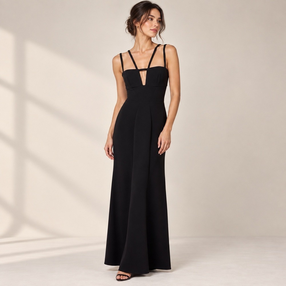 BCBGMAXAZRIA Gown Women 4 Black Boned Bodice Plunging Neck Maxi Dress Formal